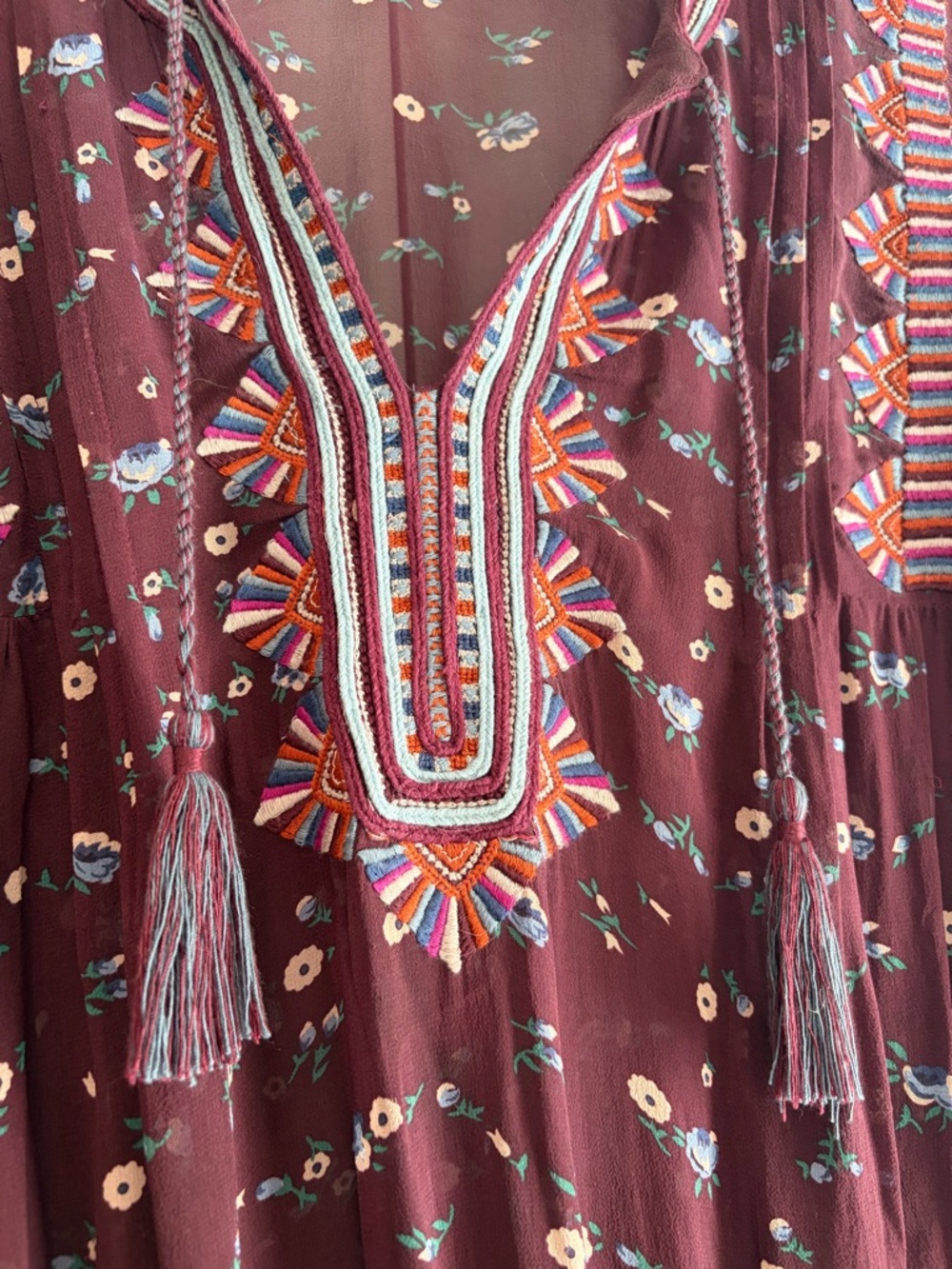 ULLA JOHNSON Gita Silk Embroidered Floral Drop Waist Boho Dress Bordeaux Size 6 - Picture 7 of 16